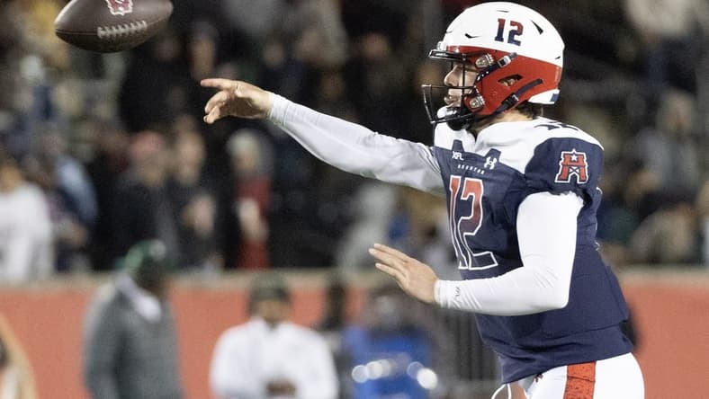 Feb 18, 2023; Houston, TX, USA; Houston Roughnecks quarterback Brandon Silvers (12) throws a pass against the Orlando Guardians in the fourth quarter at TDECU Stadium. Mandatory Credit: Thomas Shea-USA TODAY Sports