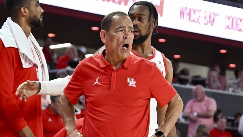 Feb 19, 2023; Houston, Texas, USA; Houston Cougars head coach Kelvin Sampson reacts during the second half against the Memphis Tigers at Fertitta Center. Mandatory Credit: Maria Lysaker-USA TODAY Sports