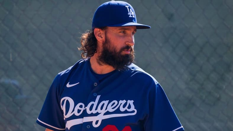 Feb 20, 2023; Glendale, AZ, USA; Los Angeles Dodgers pitcher Tony Gonsolin (26) warms up in the bullpen for a spring training workout at Camelback Ranch. Mandatory Credit: Allan Henry-USA TODAY Sports