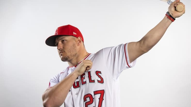 Feb 21, 2023; Tempe, AZ, USA; Los Angeles Angels outfielder Mike Trout poses for a portrait during photo day at the teams practice facility. Mandatory Credit: Mark J. Rebilas-USA TODAY Sports