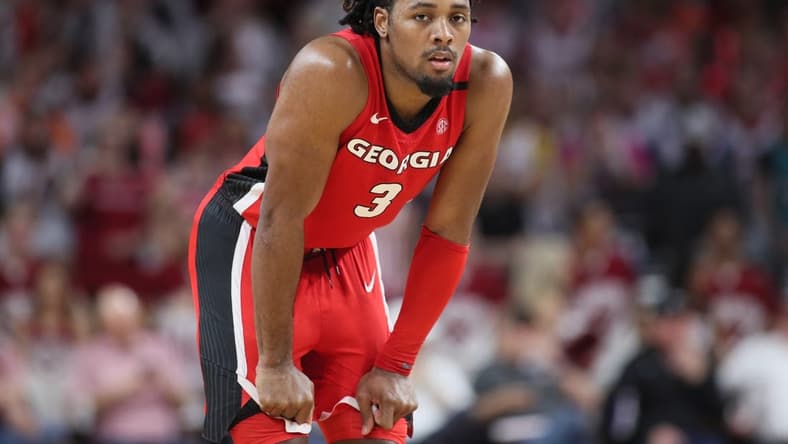 Feb 21, 2023; Fayetteville, Arkansas, USA; Georgia Bulldogs guard Kario Oquendo (3) during the second half against the Arkansas Razorbacks at Bud Walton Arena. Mandatory Credit: Nelson Chenault-USA TODAY Sports