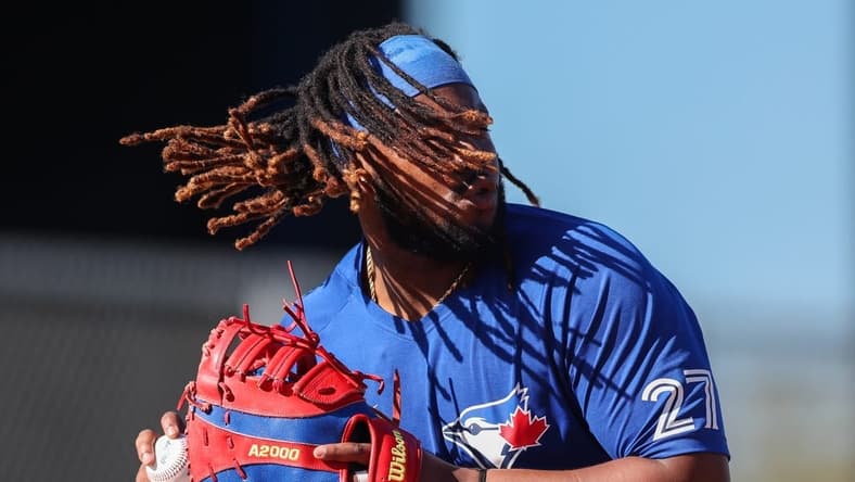 Feb 22, 2023; Dunedin, FL, USA; Toronto Blue Jays first baseman Vladimir Guerrero Jr. (27) participates in spring workouts at the Blue Jays Player Development Complex. Mandatory Credit: Nathan Ray Seebeck-USA TODAY Sports