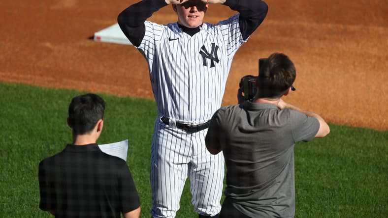 Feb 22, 2023; Tampa, FL, USA; New York Yankees center fielder Harrison Bader (22) during photo day at George M. Steinbrenner Field Mandatory Credit: Kim Klement-USA TODAY Sports