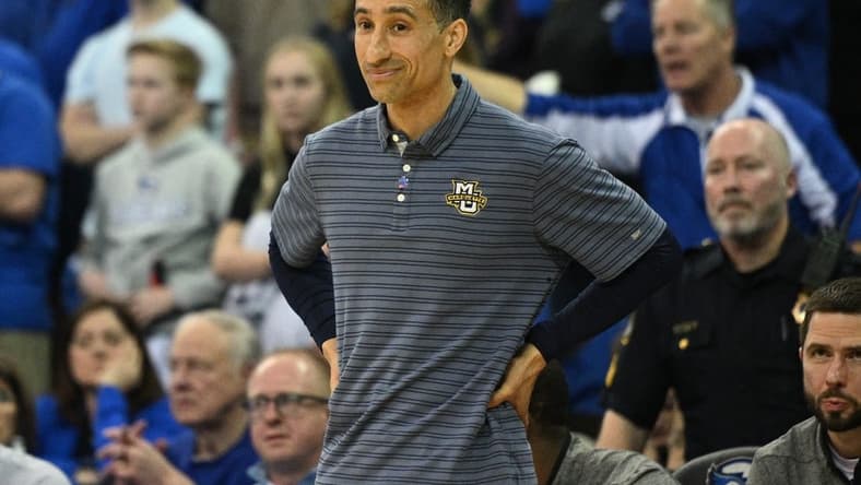 Feb 21, 2023; Omaha, Nebraska, USA; Marquette Golden Eagles head coach Shaka Smart against the Creighton Bluejays in the second half at CHI Health Center Omaha. Mandatory Credit: Steven Branscombe-USA TODAY Sports