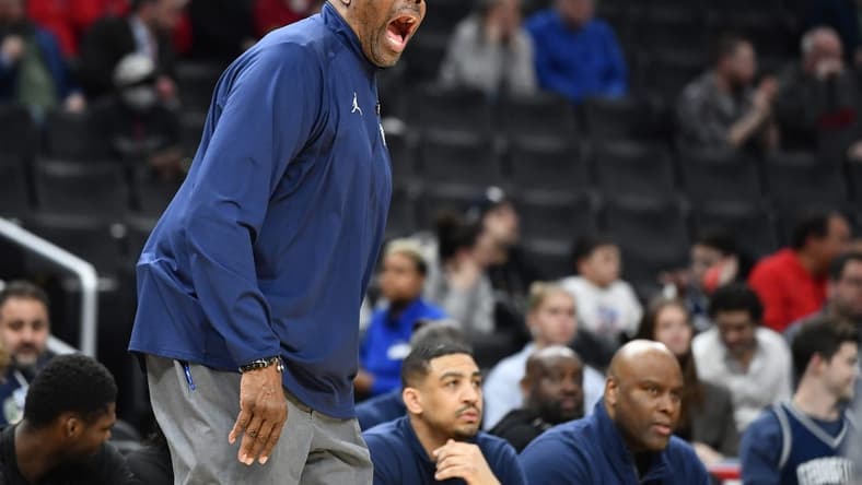 Feb 22, 2023; Washington, District of Columbia, USA; Georgetown Hoyas head coach Patrick Ewing reacts against the St. John's Red Storm during the first half at Capital One Arena. Mandatory Credit: Brad Mills-USA TODAY Sports