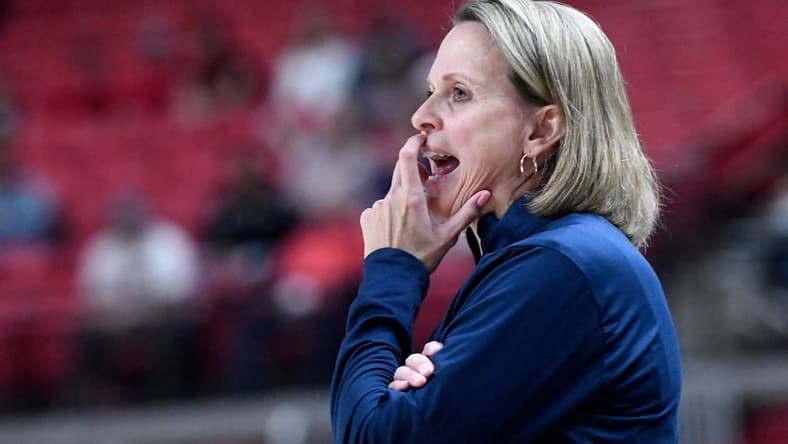 West Virginia's head coach Dawn Plitzuweit yells during the game against Texas Tech, Wednesday, Feb. 22, 2023, at United Supermarkets Arena.