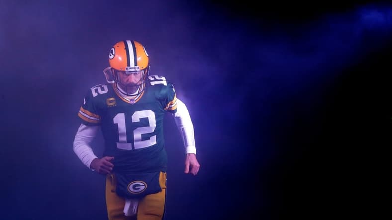 Green Bay Packers quarterback Aaron Rodgers runs out on to the field as he is announced against the Detroit Lions at Lambeau Field.

Usp Nfl Detroit Lions At Green Bay Packers S Fbn Gb Det Usa Wi