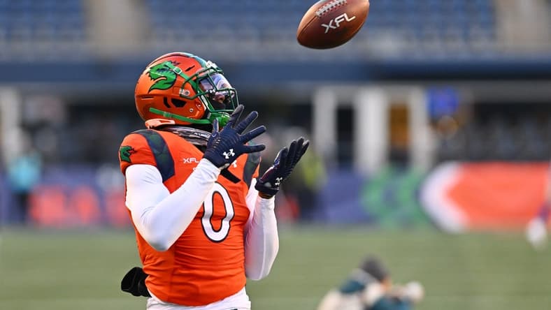 Feb 23, 2023; Seattle, WA, USA; Seattle Sea Dragons wide receiver Josh Gordon (0) catches a pass during pregame warmups prior to the game against the St. Louis Battlehawks at Lumen Field. Mandatory Credit: Steven Bisig-USA TODAY Sports