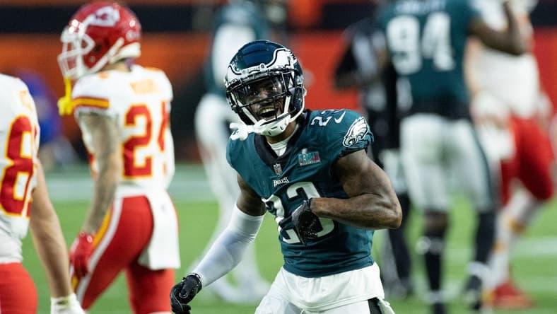 Feb 12, 2023; Glendale, Arizona, US; Philadelphia Eagles safety C.J. Gardner-Johnson (23) reacts against the Kansas City Chiefs in Super Bowl LVII at State Farm Stadium. Mandatory Credit: Bill Streicher-USA TODAY Sports