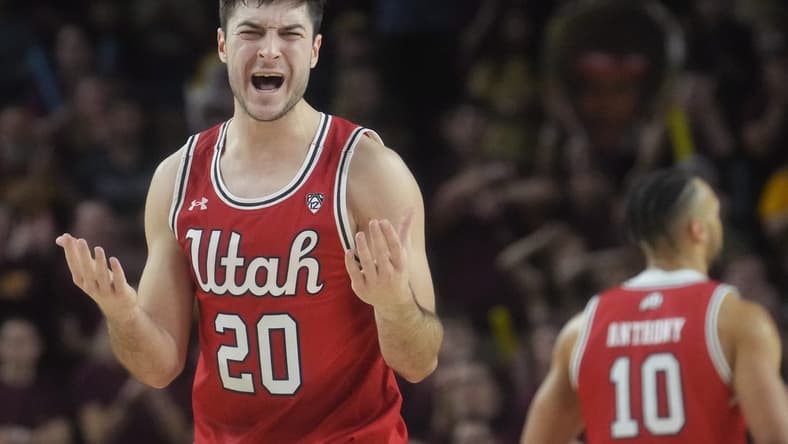 Utah Utes guard Lazar Stefanovic (20) yells out to he referee after losing the ball against the ASU Sun Devils at Desert Financial Arena in Tempe on Feb. 18, 2023.

Basketball Utah Asu Mbb Utah At Arizona State