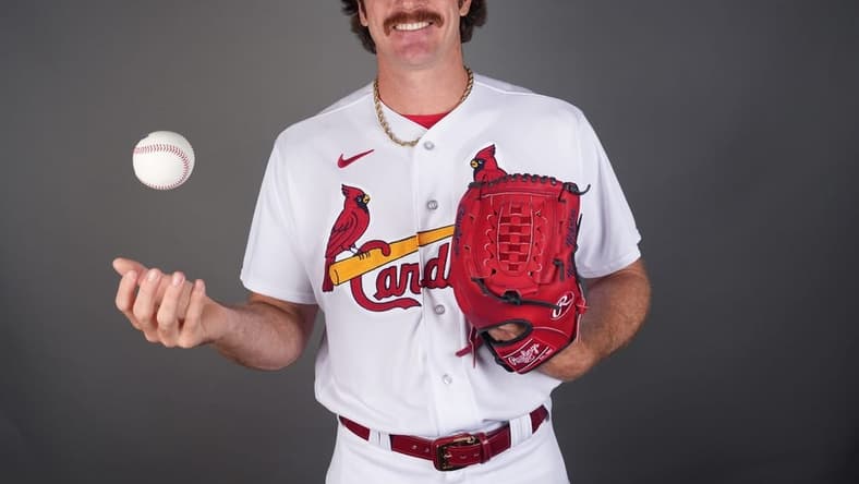 Feb 23, 2023; Jupiter, FL, USA; St. Louis Cardinals starting pitcher Miles Mikolas (39) poses for a portrait during spring training photo day. Mandatory Credit: Jim Rassol-USA TODAY Sports