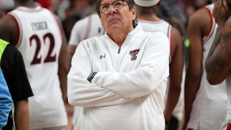Feb 25, 2023; Lubbock, Texas, USA; Texas Tech Red Raiders head coach Mark Adams reacts after the game against the TCU Horned Frogs at United Supermarkets Arena. Mandatory Credit: Michael C. Johnson-USA TODAY Sports