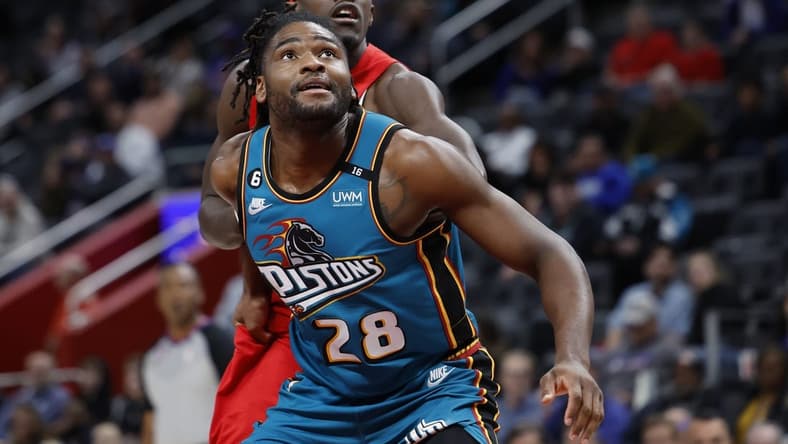 Feb 25, 2023; Detroit, Michigan, USA;Detroit Pistons center Isaiah Stewart (28) and Toronto Raptors forward Pascal Siakam (43) look for a rebound in the first half at Little Caesars Arena. Mandatory Credit: Rick Osentoski-USA TODAY Sports