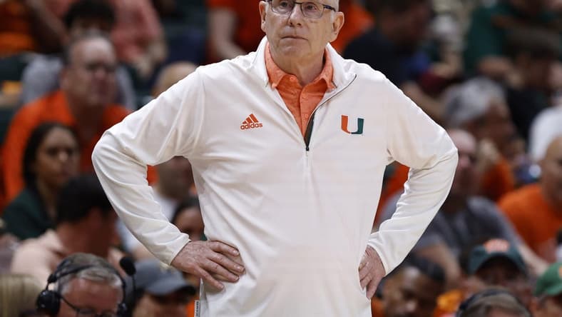 Feb 25, 2023; Coral Gables, Florida, USA; Miami Hurricanes head coach Jim Larranaga reacts during the second half against the Florida State Seminoles at Watsco Center. Mandatory Credit: Rhona Wise-USA TODAY Sports