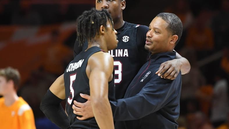 South Carolina Head Coach Lamont Paris hugs South Carolina guard Meechie Johnson (5) and South Carolina forward Gregory "GG" Jackson II (23) during an NCAA college basketball game between the South Carolina Game Cocks and the Tennessee Volunteers in Thompson-Boling Arena in Knoxville, Saturday Feb. 25, 2023. Tennessee defeated South Carolina 85-45.
Volssc0225 1592
