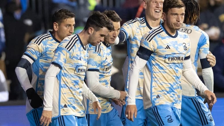 Feb 25, 2023; Philadelphia, Pennsylvania, USA; Philadelphia Union midfielder Daniel Gazdag (10) celebrates with teammates after scoring against Columbus Crew SC on a penalty kick during the first half at Subaru Park. Mandatory Credit: Bill Streicher-USA TODAY Sports