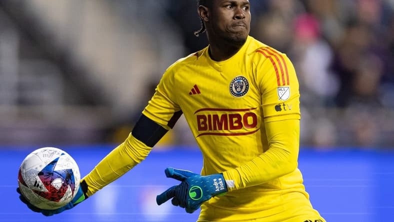 Feb 25, 2023; Philadelphia, Pennsylvania, USA; Philadelphia Union goalkeeper Andre Blake (18) throws the ball against Columbus Crew SC during the second half at Subaru Park. Mandatory Credit: Bill Streicher-USA TODAY Sports