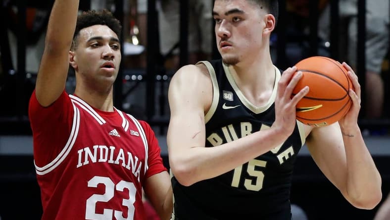 Indiana Hoosiers forward Trayce Jackson-Davis (23) defends Purdue Boilermakers center Zach Edey (15) during the NCAA men   s basketball game, Saturday, Feb. 25, 2023, at Mackey Arena in West Lafayette, Ind. Indiana Hoosiers won 79-71.

Purdueiumbb022523 Am308