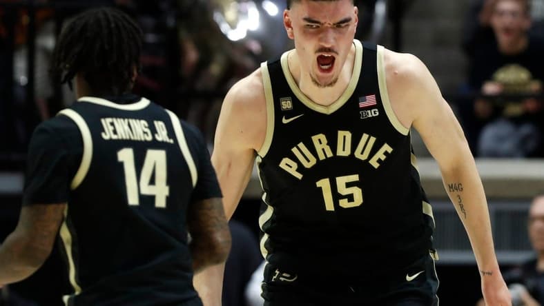 Purdue Boilermakers center Zach Edey (15) celebrates after scoring during the NCAA men s basketball game against the Indiana Hoosiers, Saturday, Feb. 25, 2023, at Mackey Arena in West Lafayette, Ind. Indiana Hoosiers won 79-71.
Purdueiumbb022523 Am382