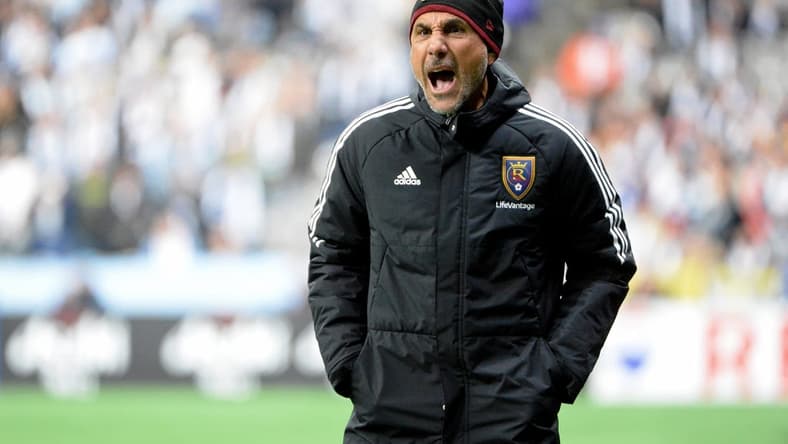 Feb 25, 2023; Vancouver, British Columbia, CAN; Real Salt Lake head coach Pablo Mastroeni reacts after a play against the Vancouver Whitecaps FC during the first half at BC Place. Mandatory Credit: Anne-Marie Sorvin-USA TODAY Sports