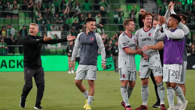 Feb 25, 2023; Austin, Texas, USA; St. Louis CITY SC head coach Bradley Carnell gestures to his players after the match against Austin FC at Q2 Stadium. Mandatory Credit: Scott Wachter-USA TODAY Sports