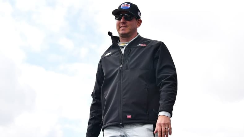 Feb 26, 2023; Fontana, California, USA; NASCAR Cup Series driver Kyle Busch (8) is introduced before the Pala Casino 400 at Auto Club Speedway. Mandatory Credit: Gary A. Vasquez-USA TODAY Sports