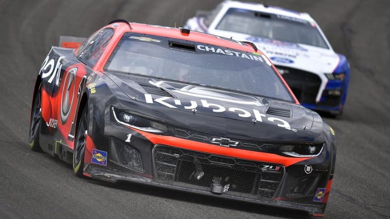 Feb 26, 2023; Fontana, California, USA; NASCAR Cup Series driver Ross Chastain (1) during the Pala Casino 400 at Auto Club Speedway. Mandatory Credit: Gary A. Vasquez-USA TODAY Sports