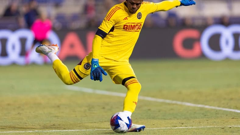 Feb 25, 2023; Philadelphia, Pennsylvania, USA; Philadelphia Union goalkeeper Andre Blake (18) kicks the ball against Columbus Crew SC during the second half at Subaru Park. Mandatory Credit: Bill Streicher-USA TODAY Sports