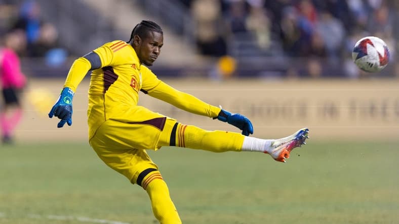 Feb 25, 2023; Philadelphia, Pennsylvania, USA; Philadelphia Union goalkeeper Andre Blake (18) kicks the ball against Columbus Crew SC during the second half at Subaru Park. Mandatory Credit: Bill Streicher-USA TODAY Sports