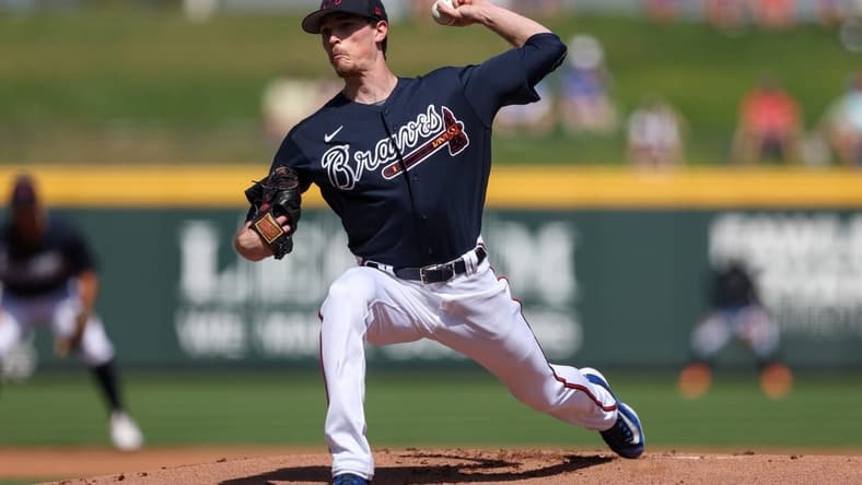 Feb 27, 2023; North Port, Florida, USA; Atlanta Braves starting pitcher Max Fried (54) throws a pitch against the Toronto Blue Jays in the first inning during spring training at CoolToday Park. Mandatory Credit: Nathan Ray Seebeck-USA TODAY Sports