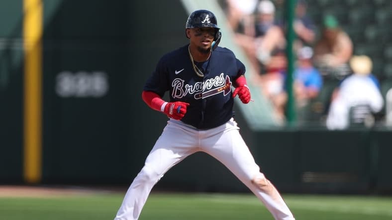 Feb 27, 2023; North Port, Florida, USA;  Atlanta Braves second baseman Orlando Arcia (11) on base against the Toronto Blue Jays in the fifth inning during spring training at CoolToday Park. Mandatory Credit: Nathan Ray Seebeck-USA TODAY Sports