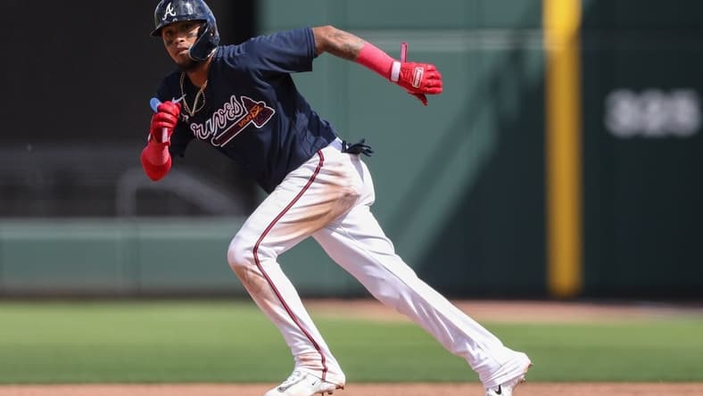 Feb 27, 2023; North Port, Florida, USA; Atlanta Braves second baseman Orlando Arcia (11) on base against the Toronto Blue Jays in the fifth inning during spring training at CoolToday Park. Mandatory Credit: Nathan Ray Seebeck-USA TODAY Sports