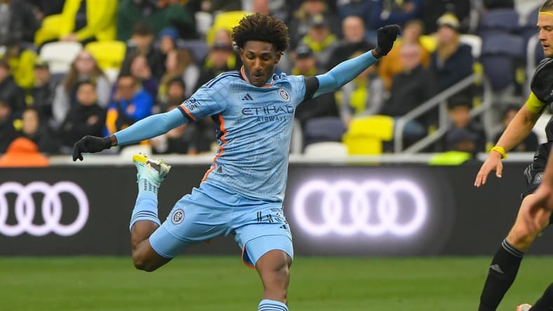 Feb 25, 2023; Nashville, Tennessee, USA;  New York City forward Talles Magno (43) takes a shot on goal against the Nashville SC during the first half at Geodis Park. Mandatory Credit: Steve Roberts-USA TODAY Sports