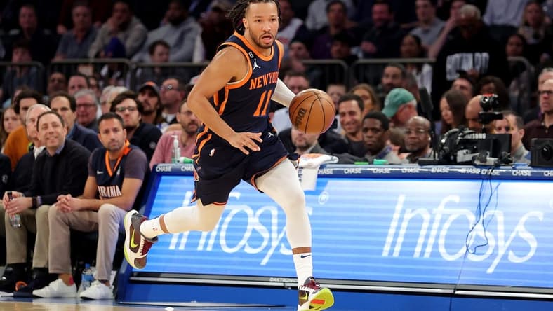 Feb 27, 2023; New York, New York, USA; New York Knicks guard Jalen Brunson (11) brings the ball up court against the Boston Celtics during the third quarter at Madison Square Garden. Mandatory Credit: Brad Penner-USA TODAY Sports