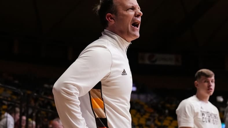 Feb 27, 2023; Laramie, Wyoming, USA; Wyoming Cowboys head coach Jeff Linder reacts against the Nevada Wolf Pack  during the second half at Arena-Auditorium. Mandatory Credit: Troy Babbitt-USA TODAY Sports