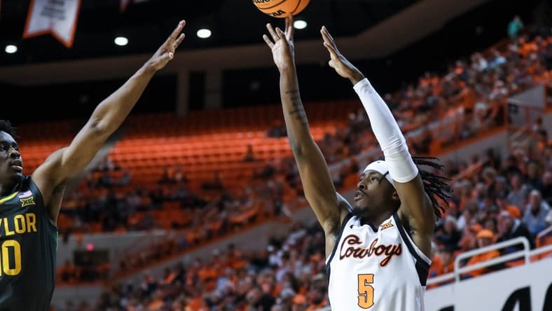 Oklahoma State guard Caleb Asberry (5) shoots for three in the second half during a college basketball game between the Oklahoma State Cowboys (OSU) and the Baylor Bears at Gallagher-Iba Arena in Stillwater, Okla., Monday, Feb. 27, 2023.
Osu Vs Baylor