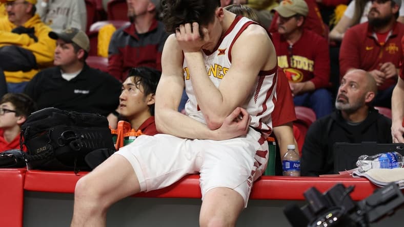 Feb 27, 2023; Ames, Iowa, USA; Iowa State Cyclones guard Caleb Grill (2) sits on the training table after the loss against the West Virginia Mountaineers during the second half at James H. Hilton Coliseum. Mandatory Credit: Reese Strickland-USA TODAY Sports
