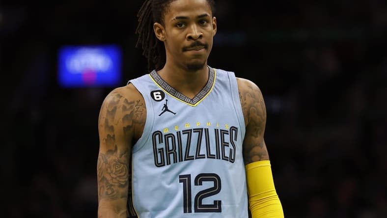 Feb 12, 2023; Boston, Massachusetts, USA; Memphis Grizzlies guard Ja Morant (12) during the second half against the Boston Celtics at TD Garden. Mandatory Credit: Winslow Townson-USA TODAY Sports