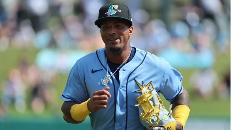 Feb 28, 2023; Kissimmee, Florida, USA; Tampa Bay Rays shortstop Wander Franco (5) looks on against the New York Yankees at The Stadium at the ESPN Wide World of Sports. Mandatory Credit: Kim Klement-USA TODAY Sports