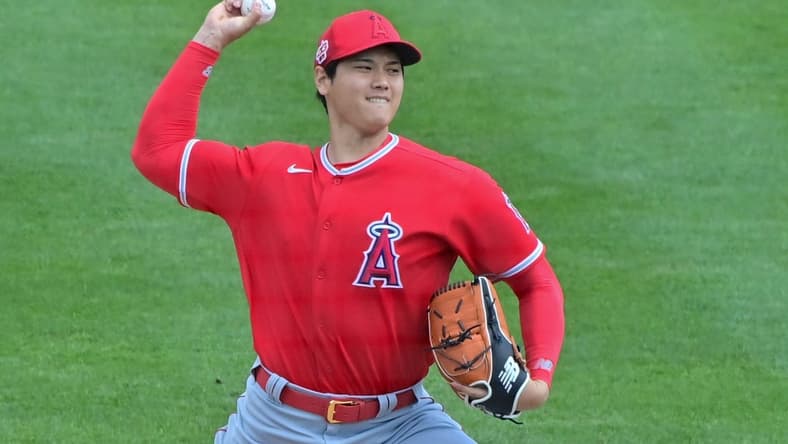 Feb 28, 2023; Mesa, Arizona, USA; Los Angeles Angels starting pitcher Shohei Ohtani (17) throws in the second inning against the Oakland Athletics during a Spring Training game at Hohokam Stadium. Mandatory Credit: Matt Kartozian-USA TODAY Sports