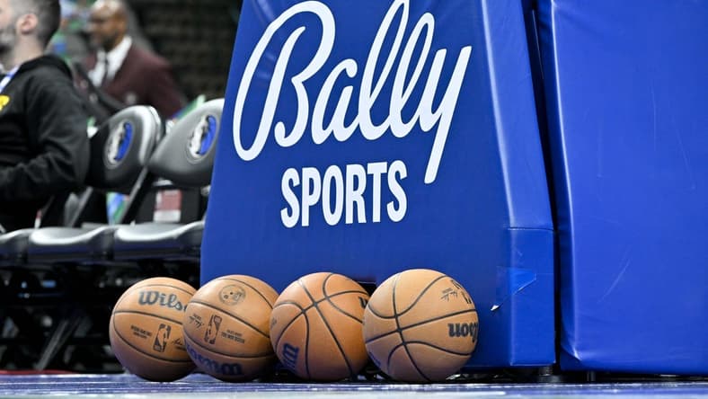 Feb 28, 2023; Dallas, Texas, USA; A view of the Bally Sports logo and NBA basketballs during warmups before the game between the Dallas Mavericks and the Indiana Pacers the American Airlines Center. Mandatory Credit: Jerome Miron-USA TODAY Sports