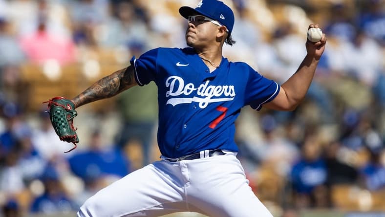 Feb 28, 2023; Phoenix, Arizona, USA; Los Angeles Dodgers pitcher Julio Urias against the Cincinnati Reds during a spring training game at Camelback Ranch-Glendale. Mandatory Credit: Mark J. Rebilas-USA TODAY Sports