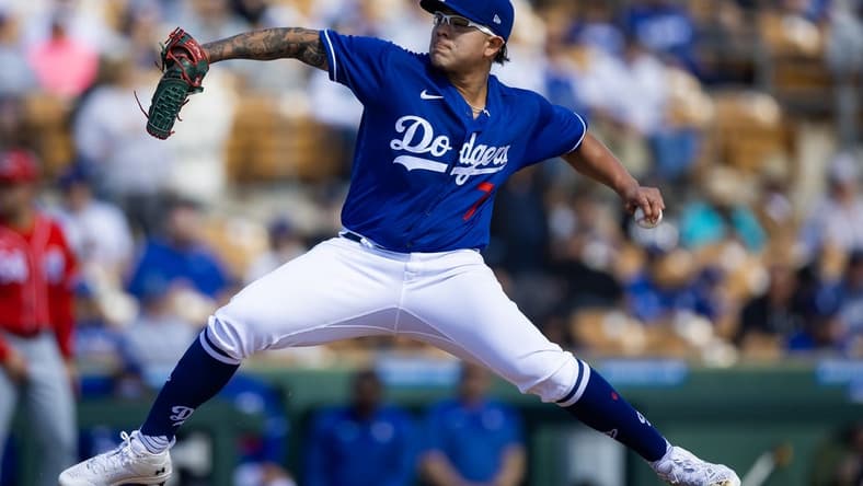 Feb 28, 2023; Phoenix, Arizona, USA; Los Angeles Dodgers pitcher Julio Urias against the Cincinnati Reds during a spring training game at Camelback Ranch-Glendale. Mandatory Credit: Mark J. Rebilas-USA TODAY Sports