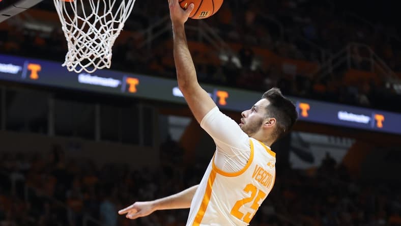 Feb 28, 2023; Knoxville, Tennessee, USA; Tennessee Volunteers guard Santiago Vescovi (25) goes to the basket against the Arkansas Razorbacks during the first half at Thompson-Boling Arena. Mandatory Credit: Randy Sartin-USA TODAY Sports