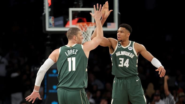 Feb 28, 2023; Brooklyn, New York, USA; Milwaukee Bucks center Brook Lopez (11) high fives forward Giannis Antetokounmpo (34) during the third quarter against the Brooklyn Nets at Barclays Center. Mandatory Credit: Brad Penner-USA TODAY Sports