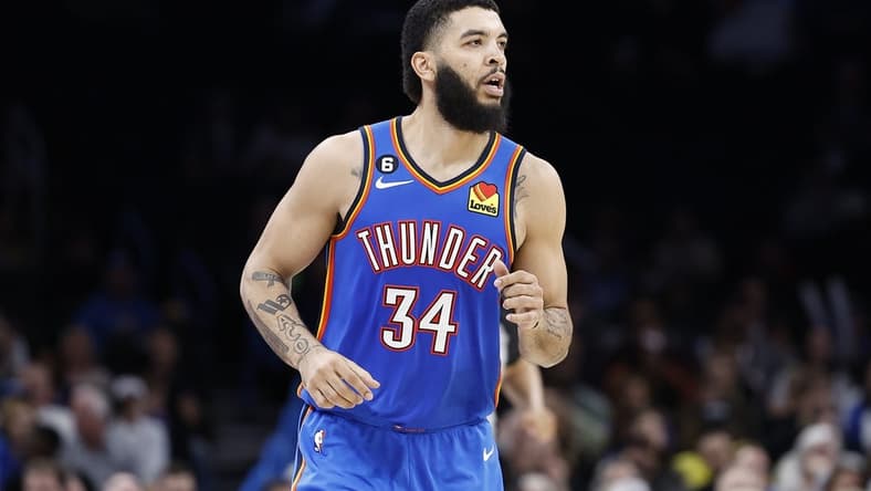 Feb 28, 2023; Oklahoma City, Oklahoma, USA; Oklahoma City Thunder forward Kenrich Williams (34) runs down the court against the Sacramento Kings during the second half at Paycom Center. Sacramento won 123-117. Mandatory Credit: Alonzo Adams-USA TODAY Sports