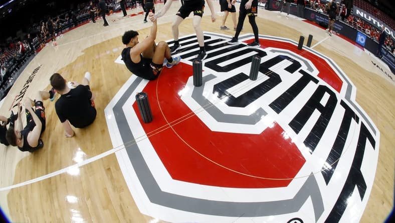 Mar 1, 2023; Columbus, Ohio, USA;  The Maryland Terrapins warms up before the game against the Ohio State Buckeyes at Value City Arena. Mandatory Credit: Joseph Maiorana-USA TODAY Sports