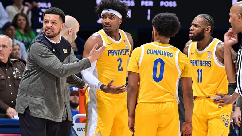 Mar 1, 2023; South Bend, Indiana, USA; Pittsburgh Panthers head coach Jeff Capel argues with an official after a technical foul was called on forward Blake Hinson (2) in the first half against the Notre Dame Fighting Irish at the Purcell Pavilion. Mandatory Credit: Matt Cashore-USA TODAY Sports