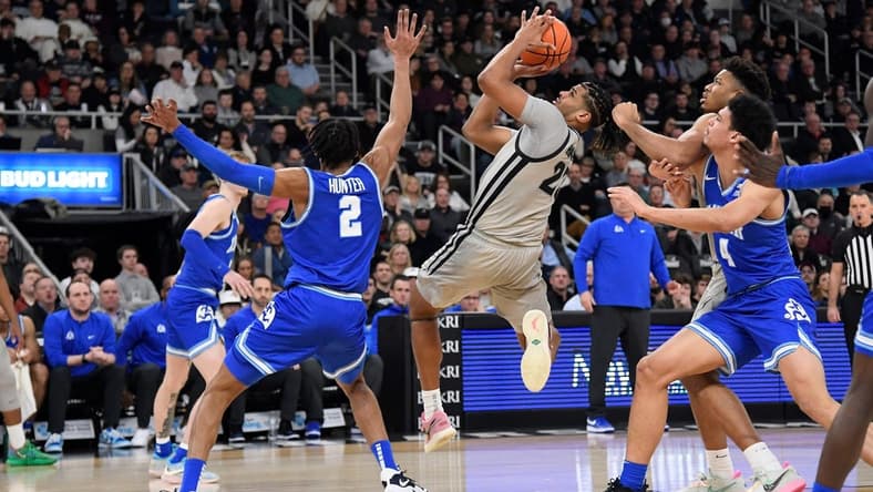Mar 1, 2023; Providence, Rhode Island, USA; Providence Friars forward Bryce Hopkins (23) shoots Xavier Musketeers during the first half at Amica Mutual Pavilion. Mandatory Credit: Eric Canha-USA TODAY Sports
