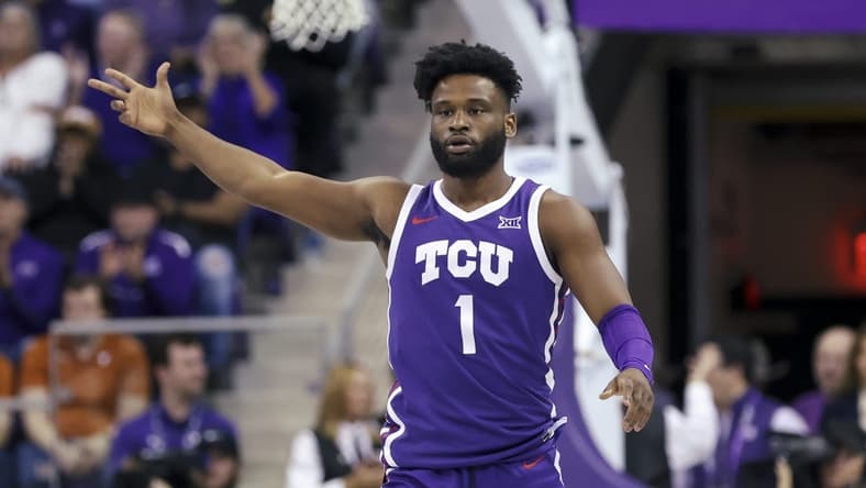 Mar 1, 2023; Fort Worth, Texas, USA; TCU Horned Frogs guard Mike Miles Jr. (1) reacts after a score during the first half against the Texas Longhorns at Ed and Rae Schollmaier Arena. Mandatory Credit: Kevin Jairaj-USA TODAY Sports
